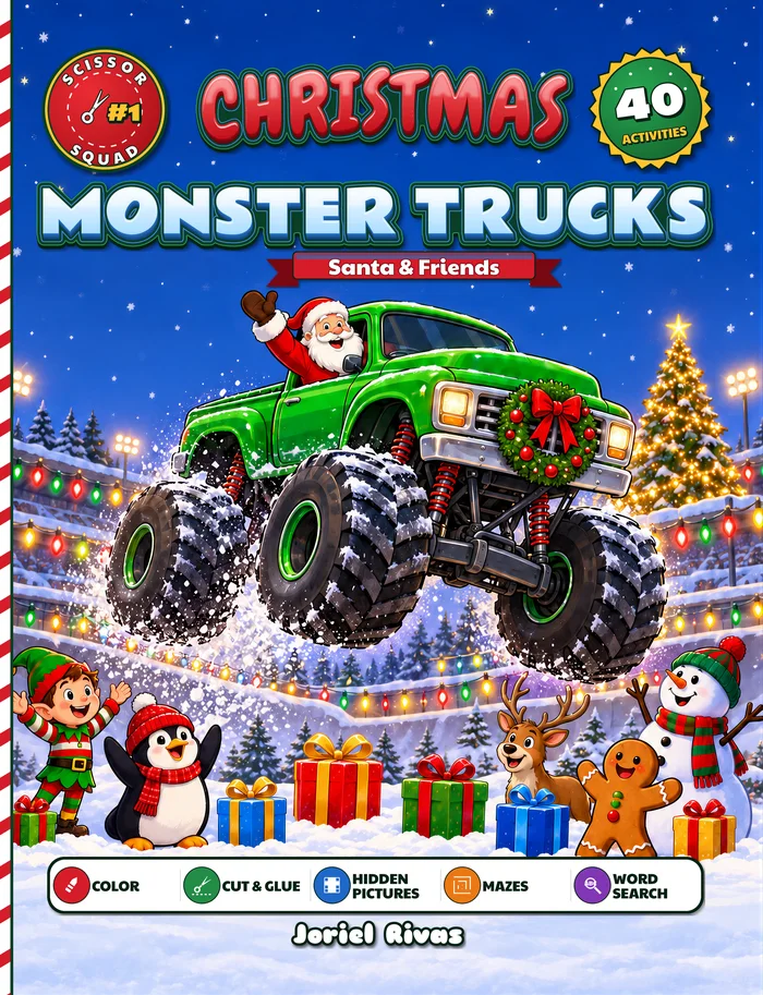 Cover of Christmas Monster Trucks, showing Santa driving a green monster truck through the snow with holiday characters and presents