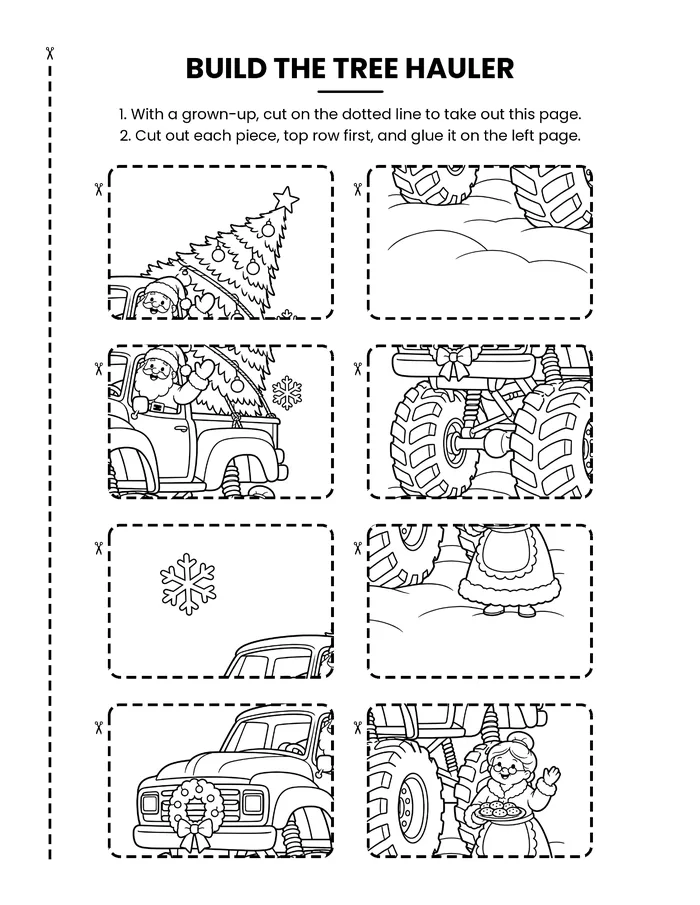 Cut-and-glue page: picture pieces of the tree hauler with dotted cut lines