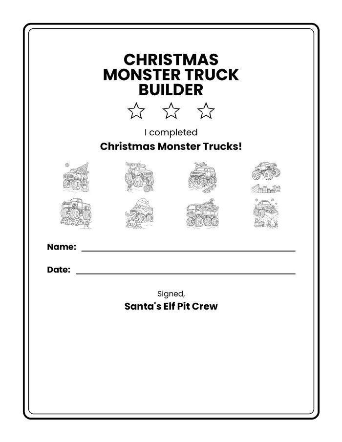 Christmas Monster Truck Builder certificate with space for a name and date
