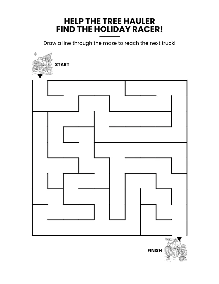 Maze page: help the tree hauler find the holiday racer