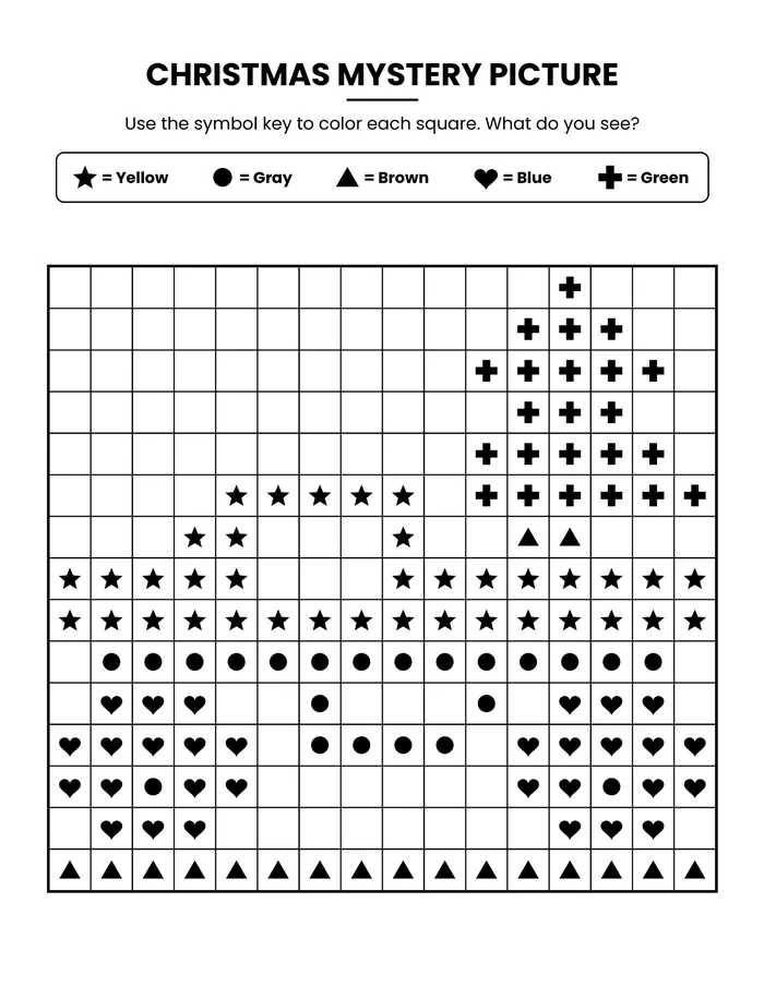 Christmas mystery picture: a color-by-symbol grid with a symbol key