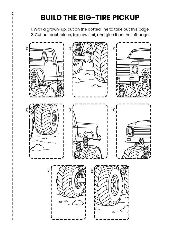 Cut-and-glue page: picture pieces of the big-tire pickup with dotted cut lines