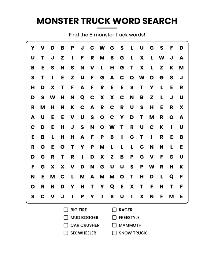 Monster truck word search grid with a word list