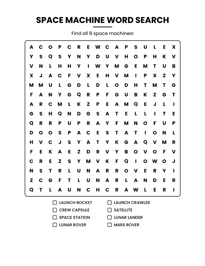 Space machine word search grid with a word list
